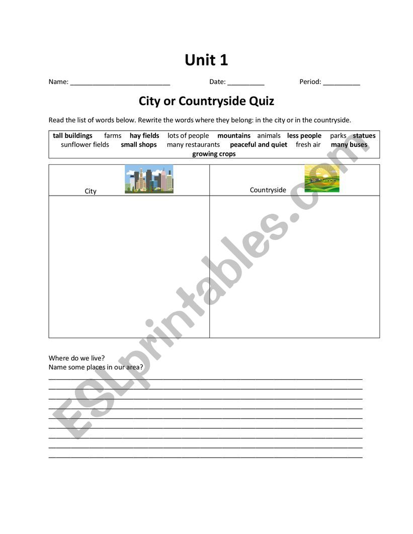 Unit 1 Countryside or City Quiz 