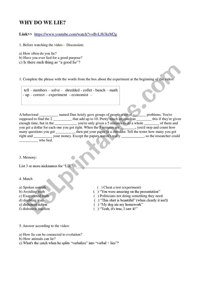 Video Class - Why do we lie worksheet