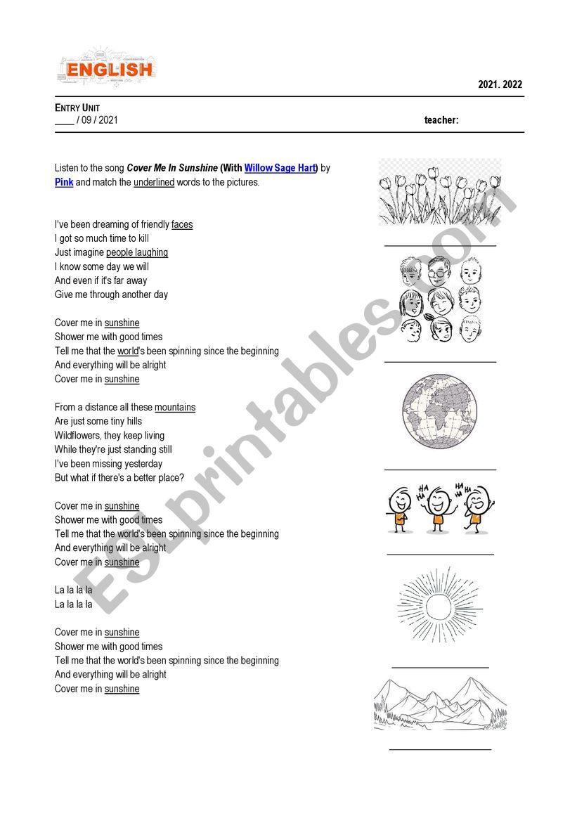 Cover me in sunshine - song  worksheet