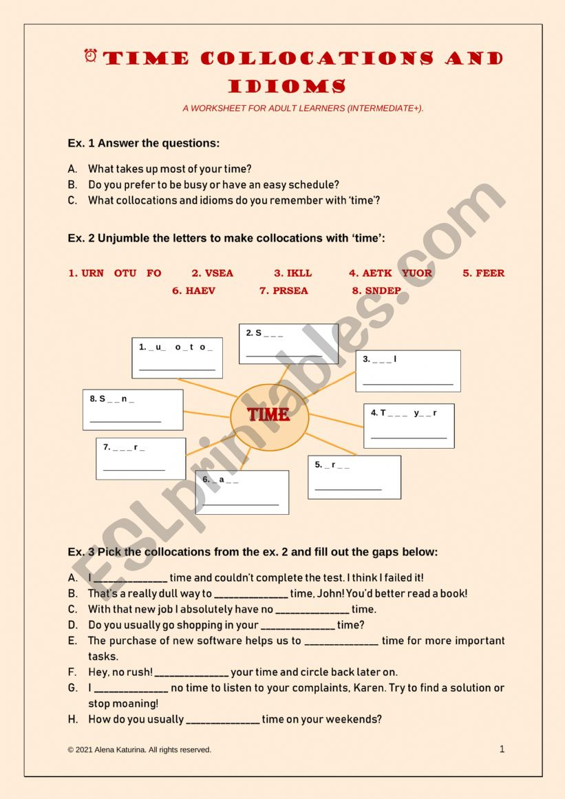 Time collocations and idioms worksheet