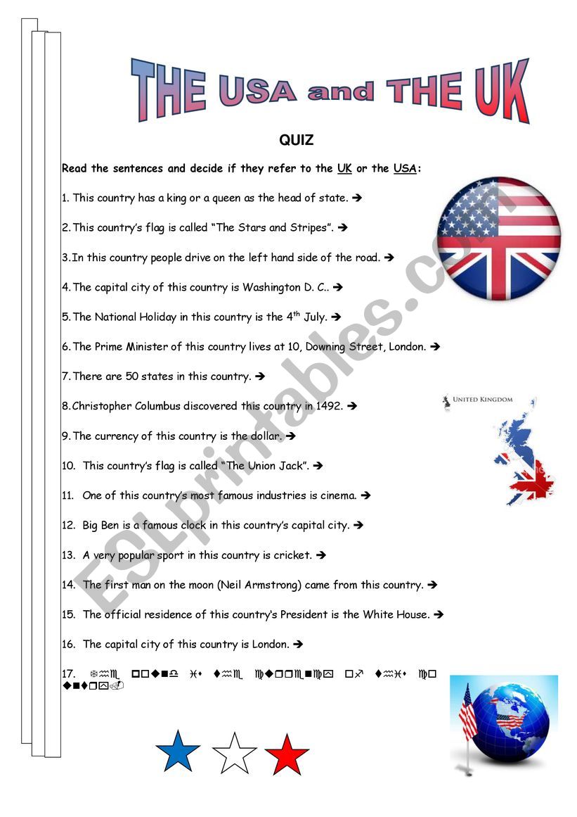 The USA vs the UK worksheet