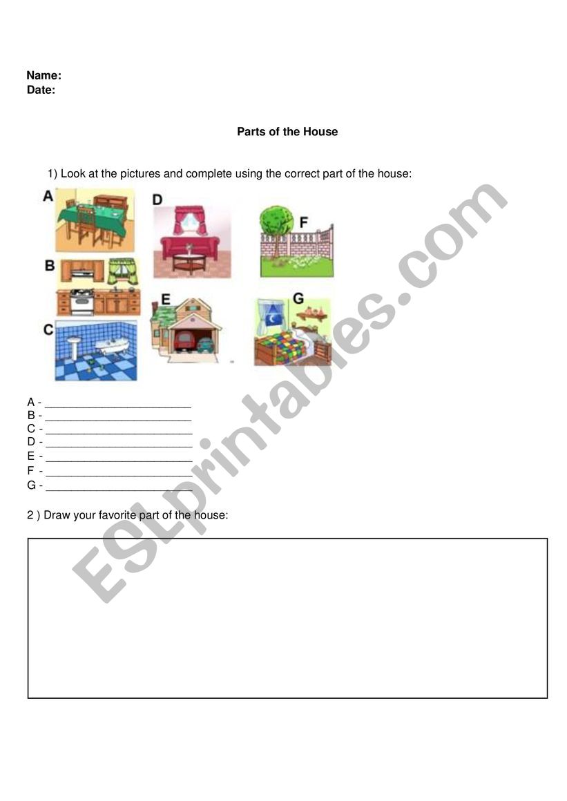 Parts of the house worksheet