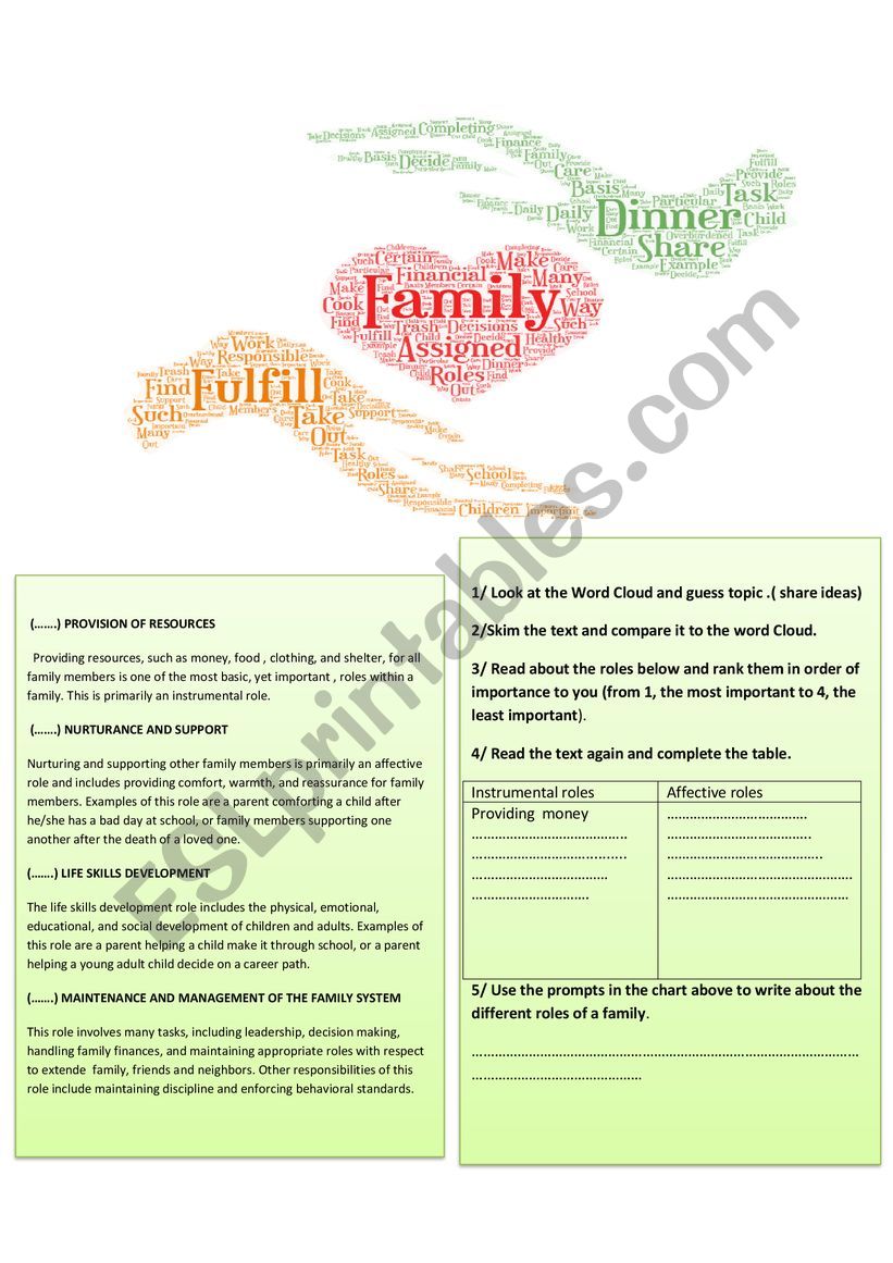 reading activity about family worksheet