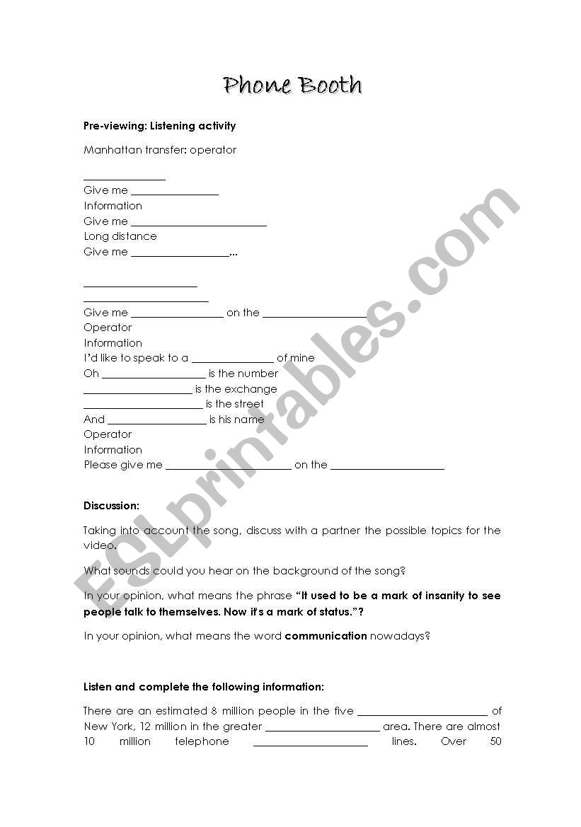 Phone Booth - Video worksheet worksheet