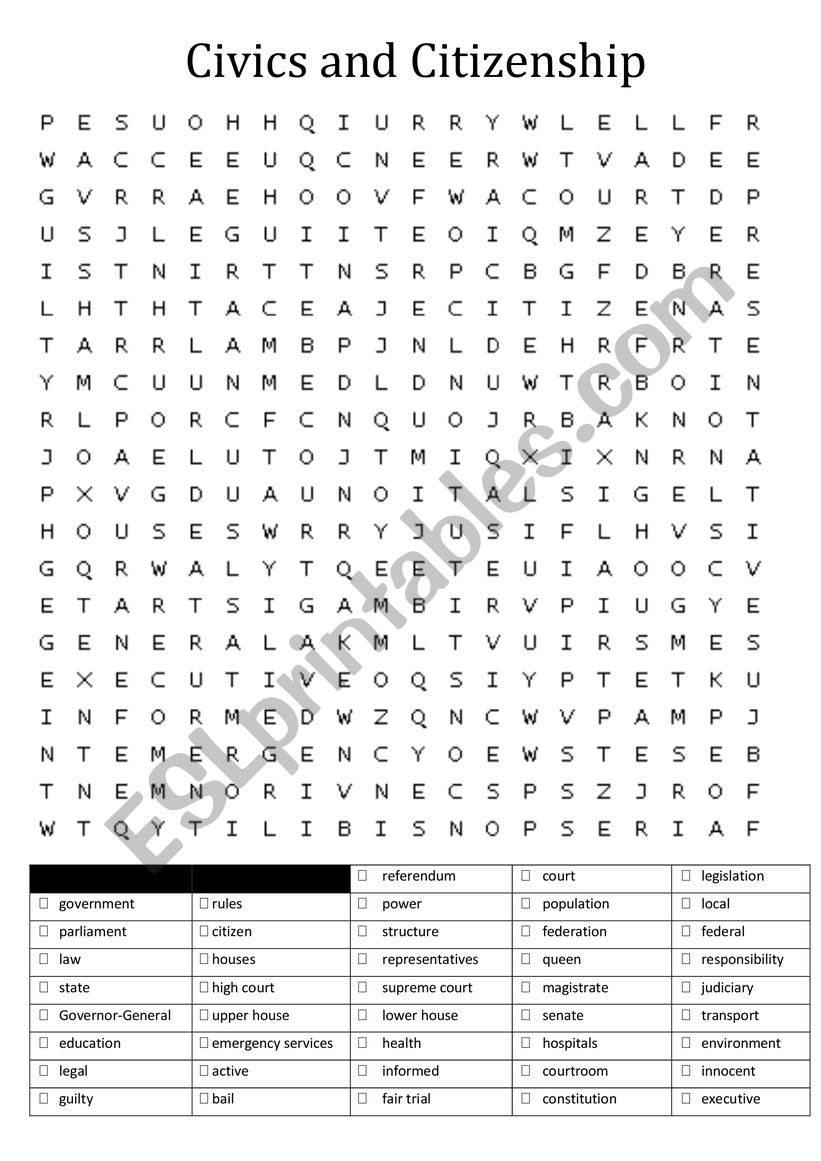 Civics and Citizenship Wordsearch