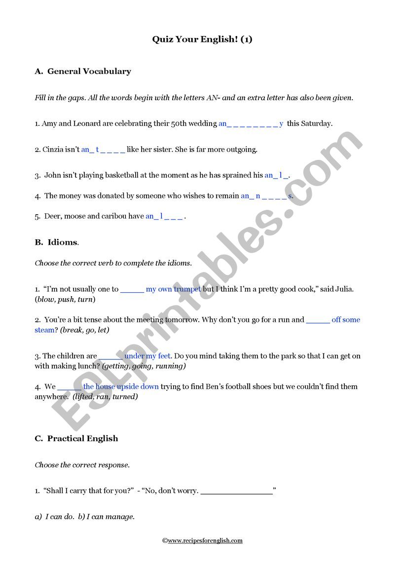 Quiz Your English 1 - Vocabulary Worksheet