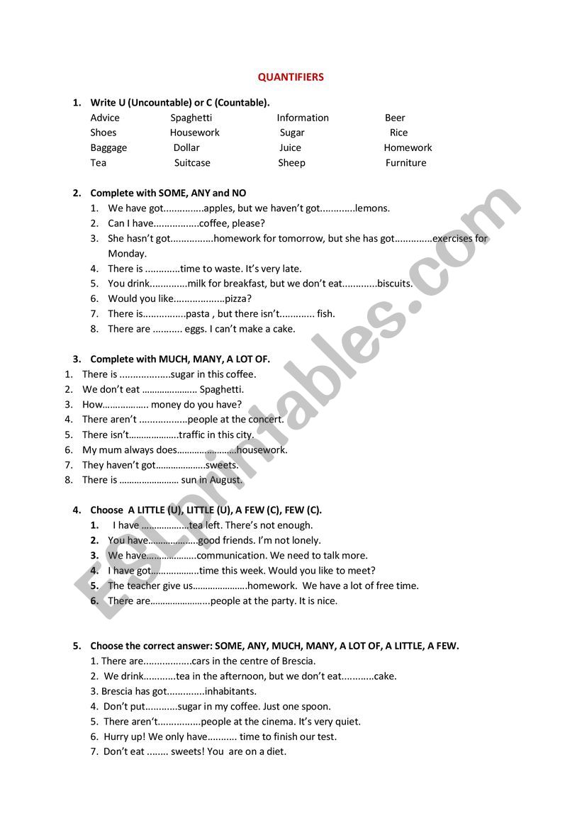 Quantifiers Exercises  worksheet