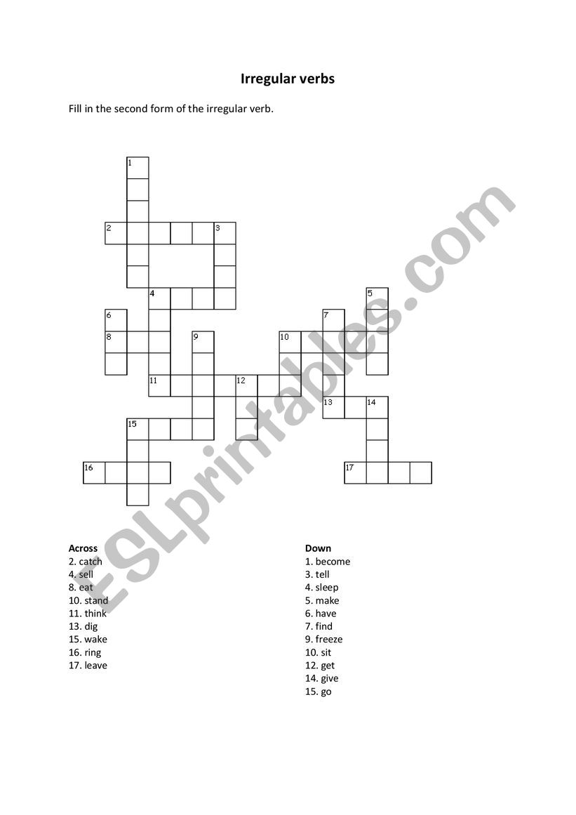 Irregular verbs crossword worksheet