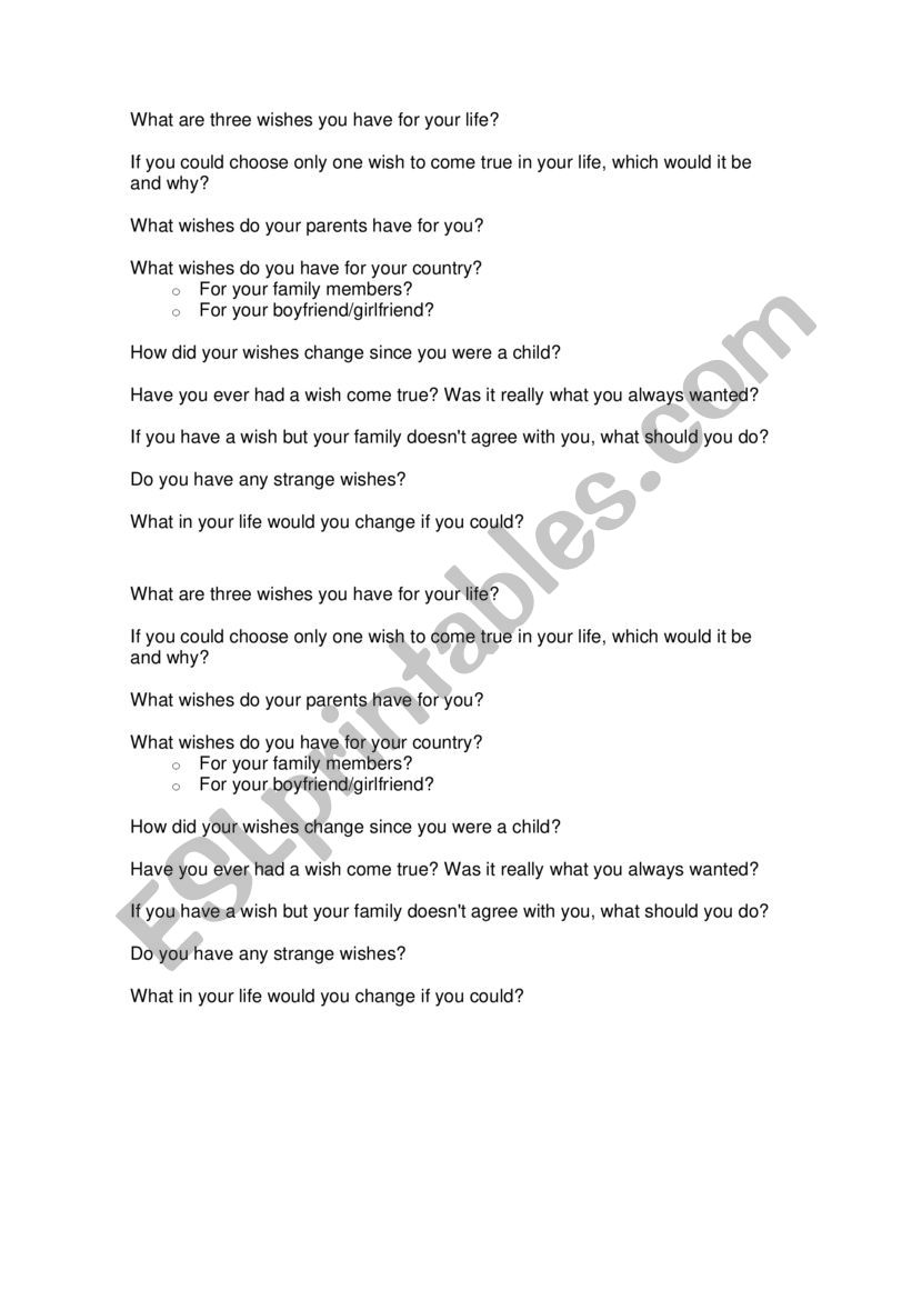 wish conversation worksheet