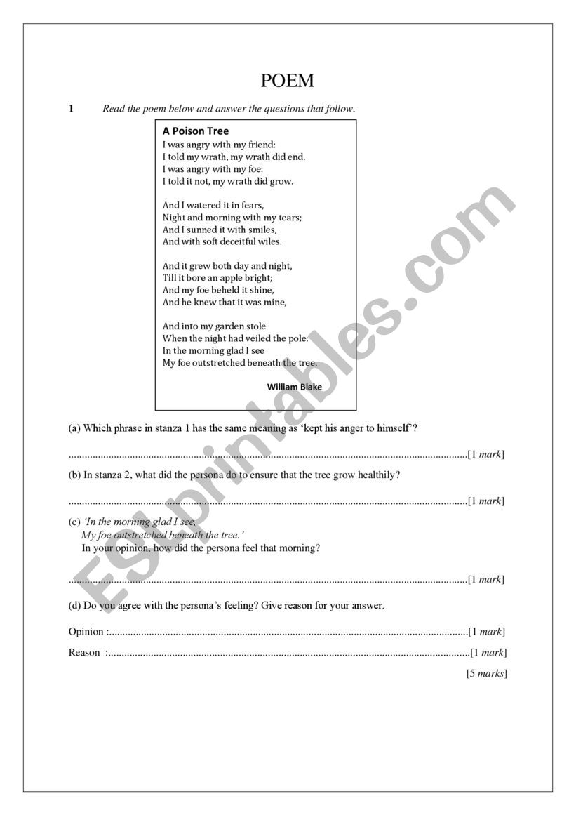 POEM : POISON TREE worksheet