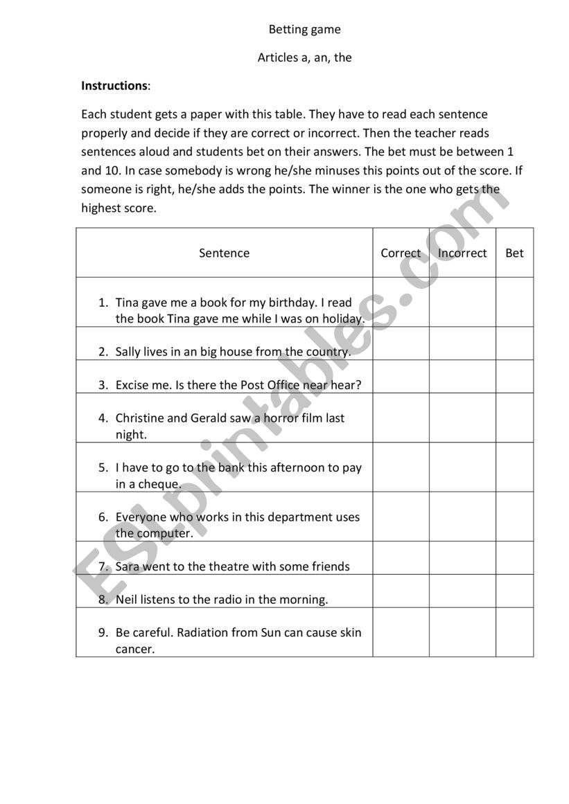 Betting game articles worksheet