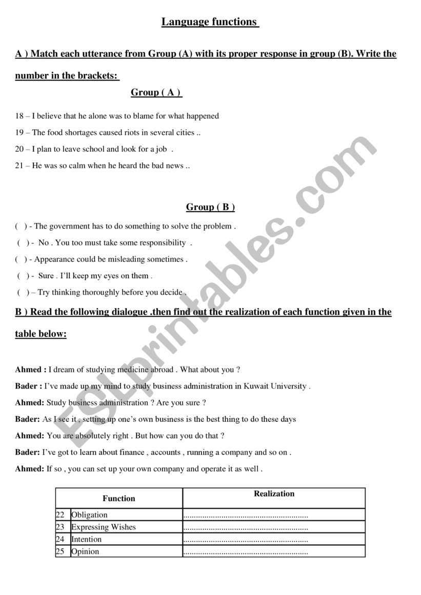 Language Functions worksheet