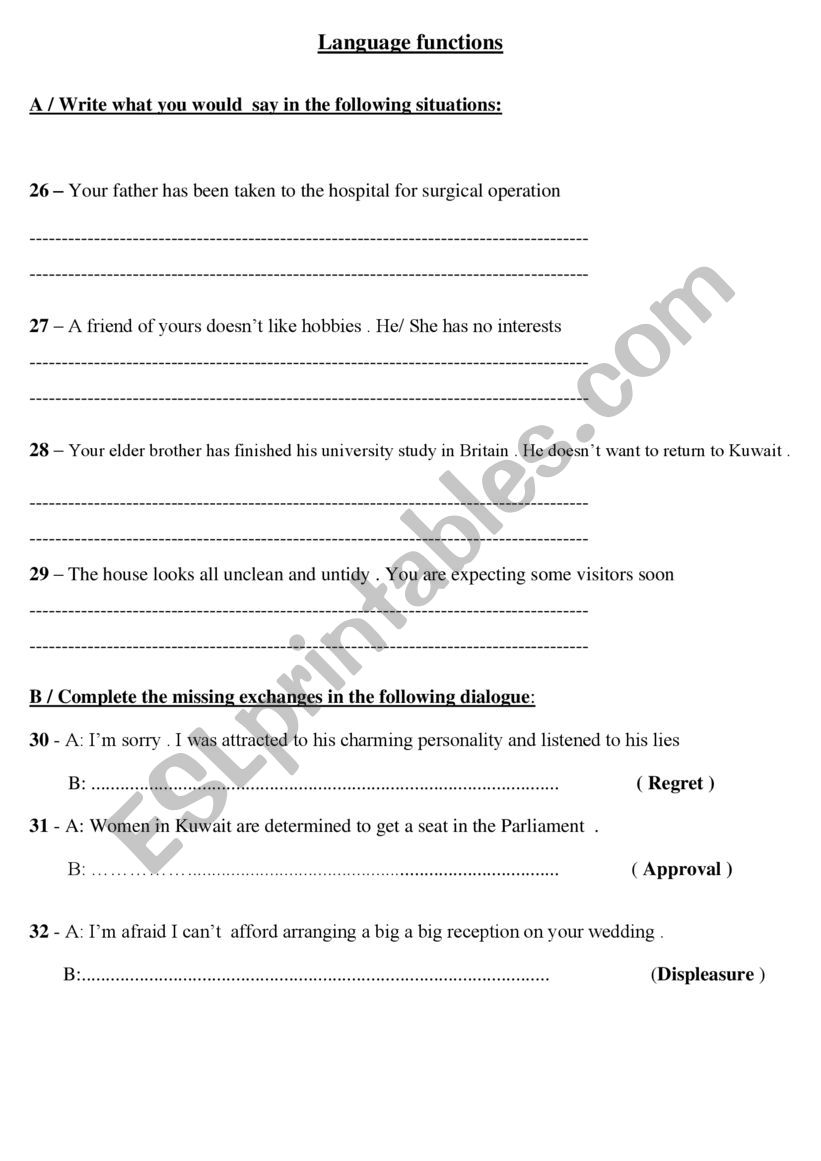 Language Functions worksheet