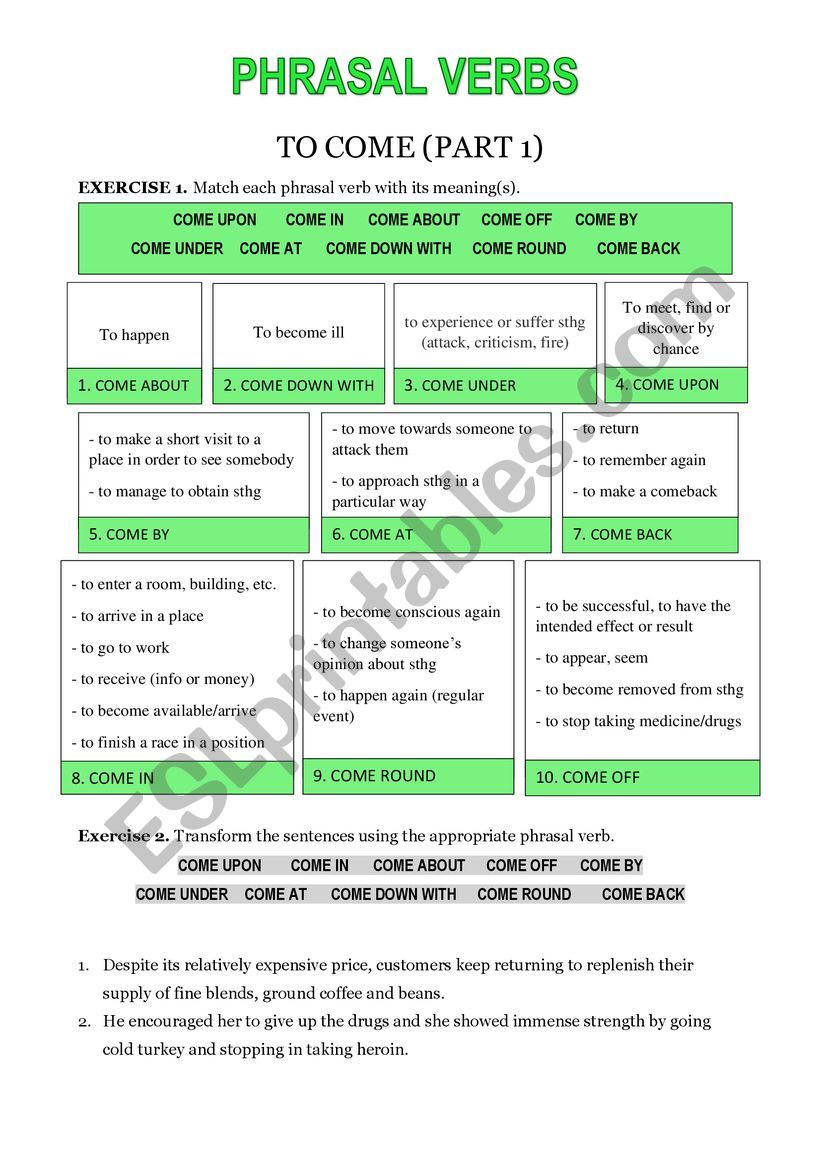 Phrasal verbs with Come (Part 1) + Answer Key
