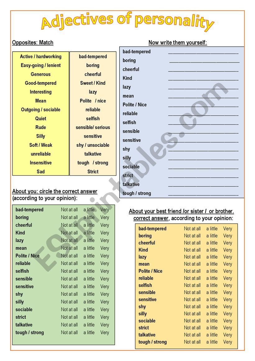 Adjectives of personality -activity -elementary ++ -intermediate