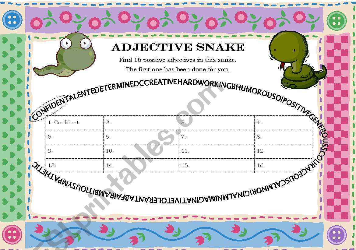 Adjective snakes worksheet