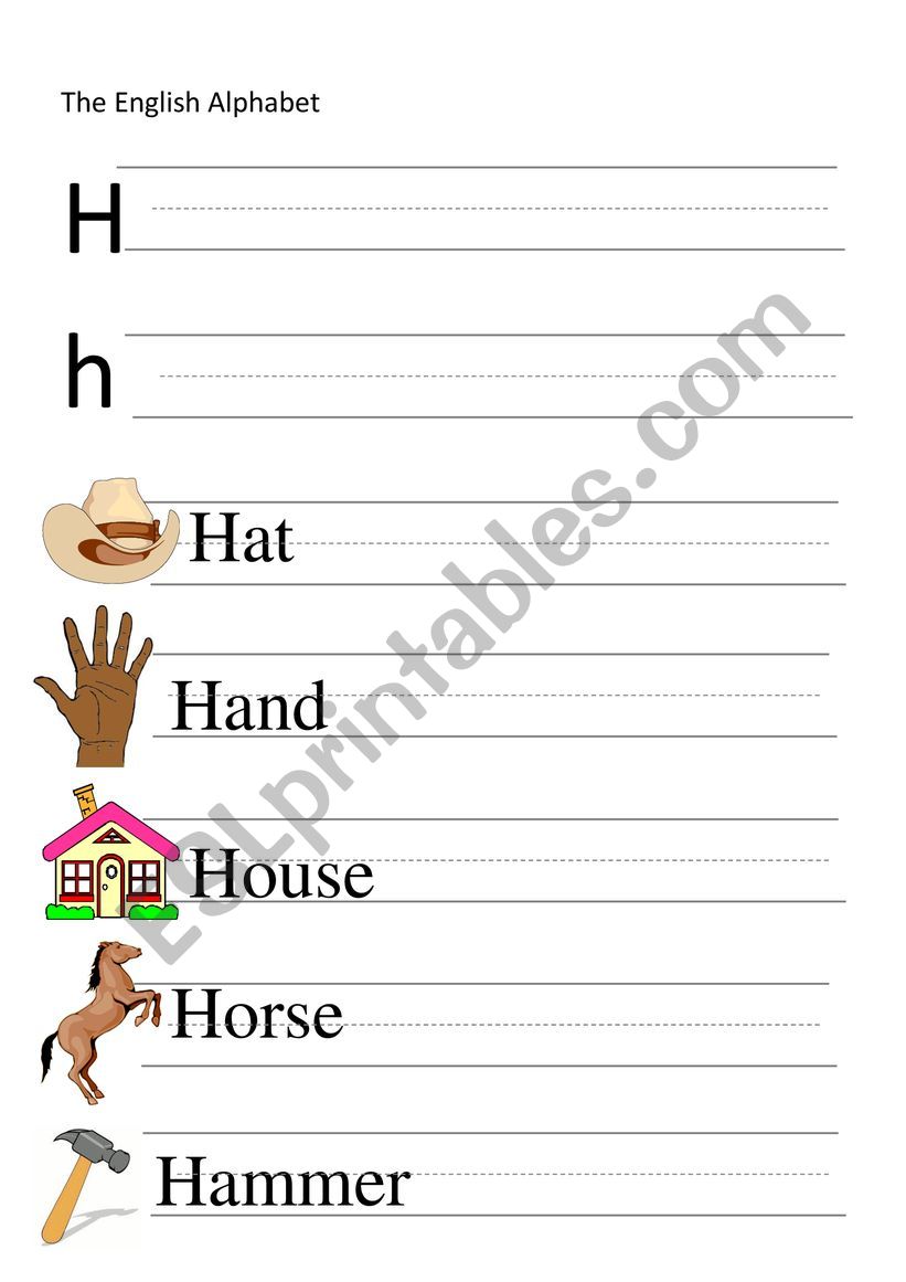 H-letter and words writing worksheet