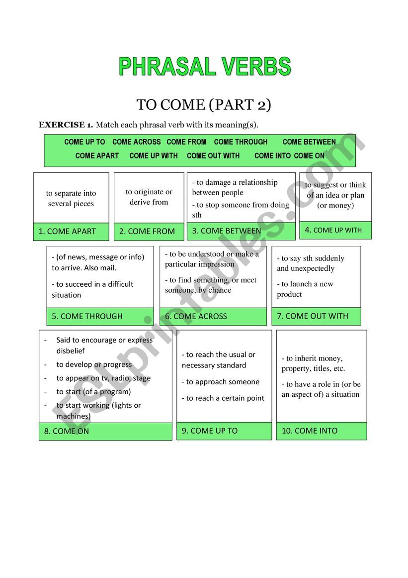 Phrasal verbs with Come (Part 2) + Answer Key