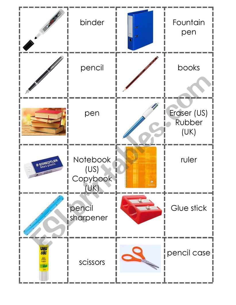 Domino school supplies ESL worksheet