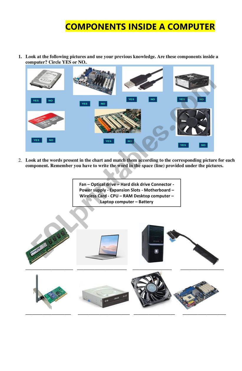 Components inside a computer worksheet