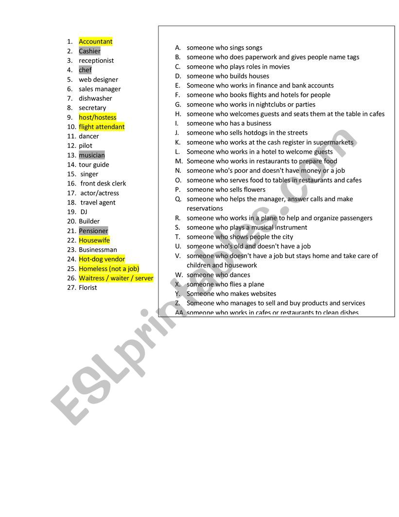 matching jobs worksheet