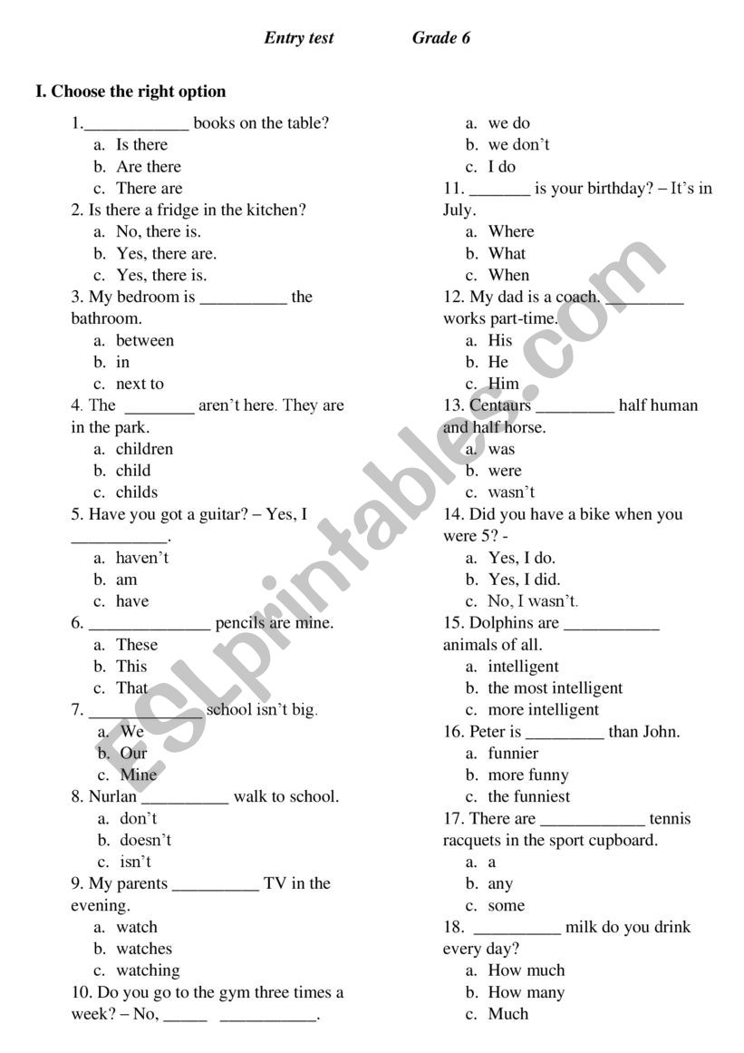 entry test worksheet