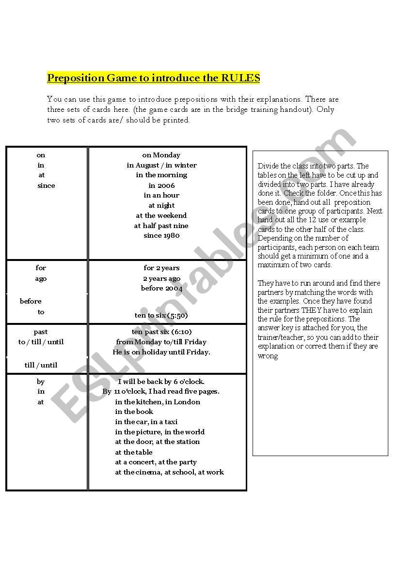 RULES OF PREPOSITIONS- A GAME worksheet