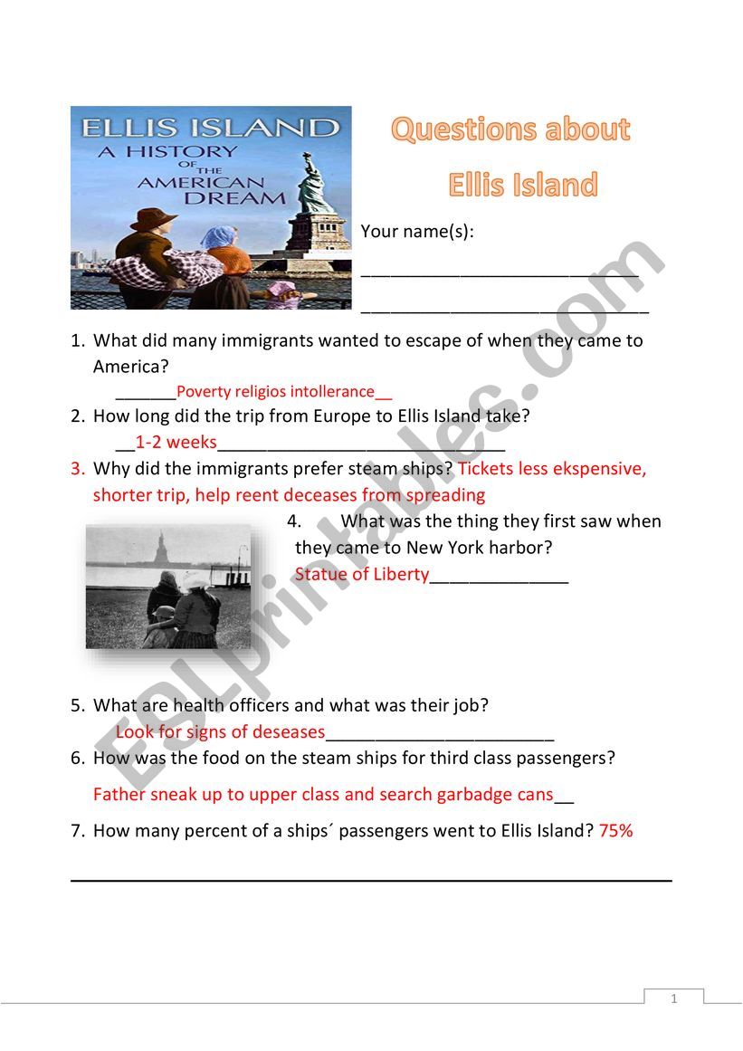 Ellis Island worksheet