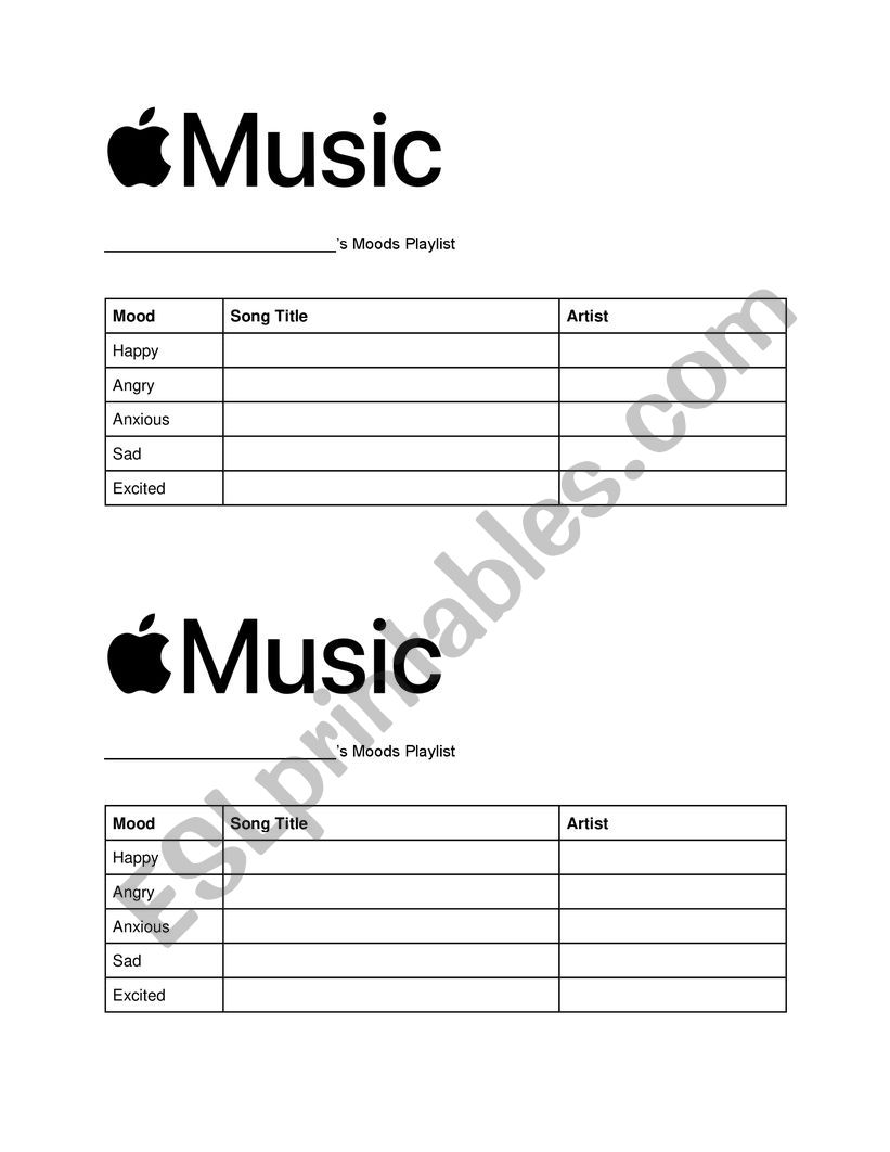 Do-Now: Mood Playlist worksheet