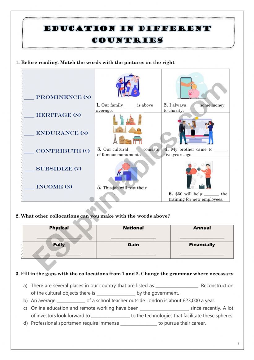Education in different countries (Reading and vocabulary worksheet)