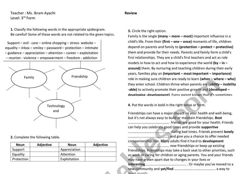 3rd Form - Review worksheet