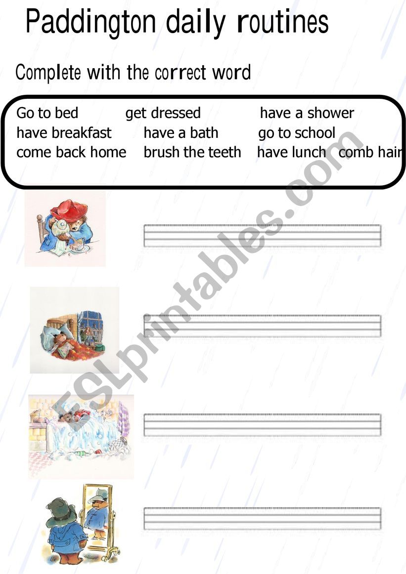 Daily routines Paddington vocabulary