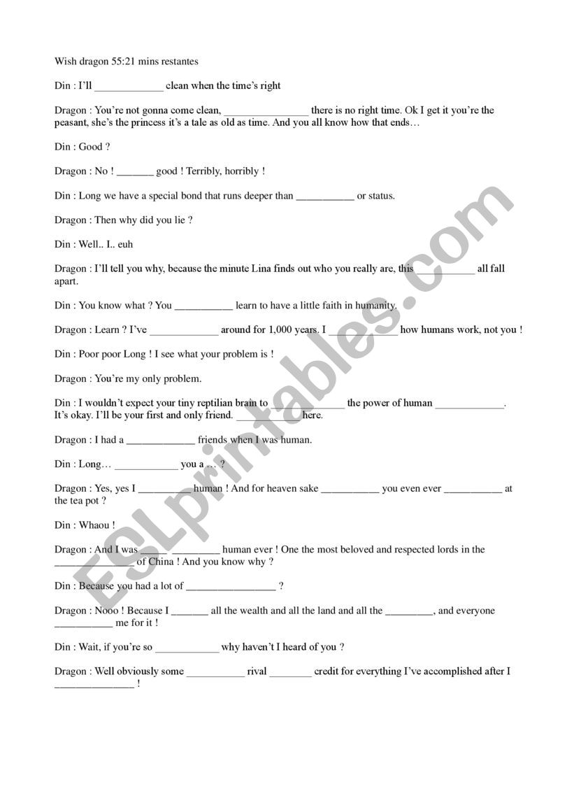 Movie Wish Dragon Extract worksheet