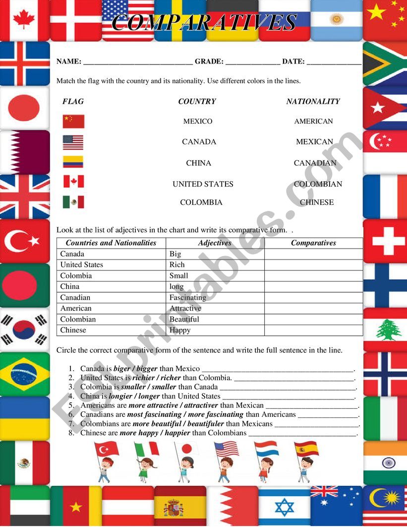 COMPARATIVES WORKSHEET COUNTRIES AND NATIONALITIES