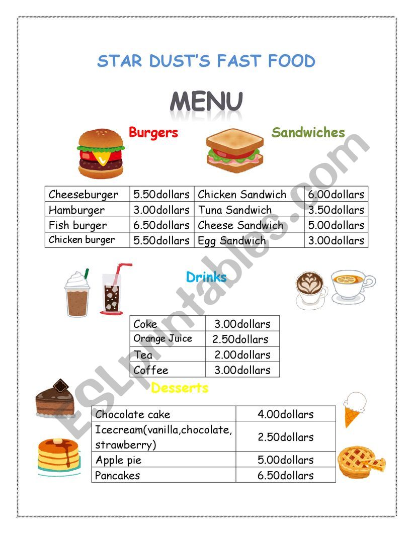 At a fast food restaurant worksheet