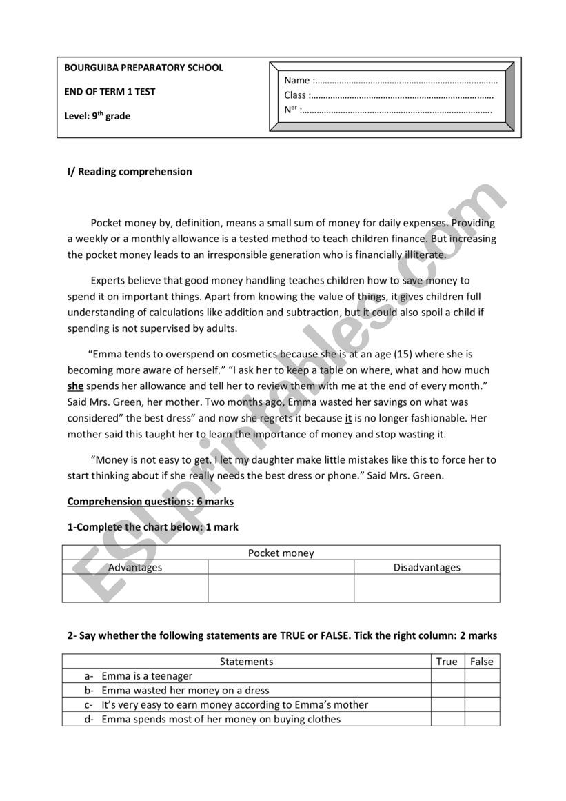 End of term 1 test 9 th grade worksheet