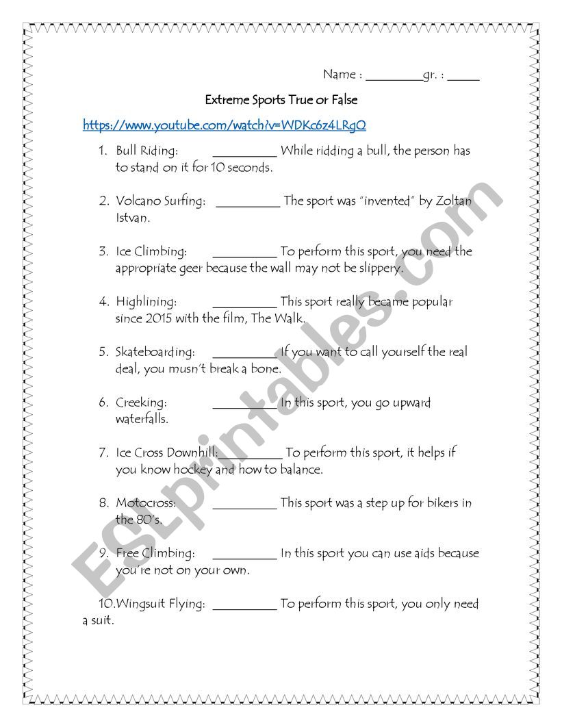 Extreme Sports  worksheet