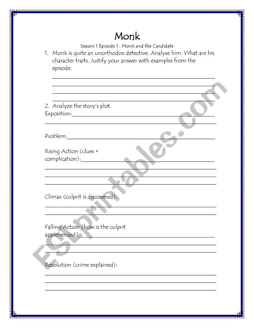 Monk�s Plot Diagram worksheet