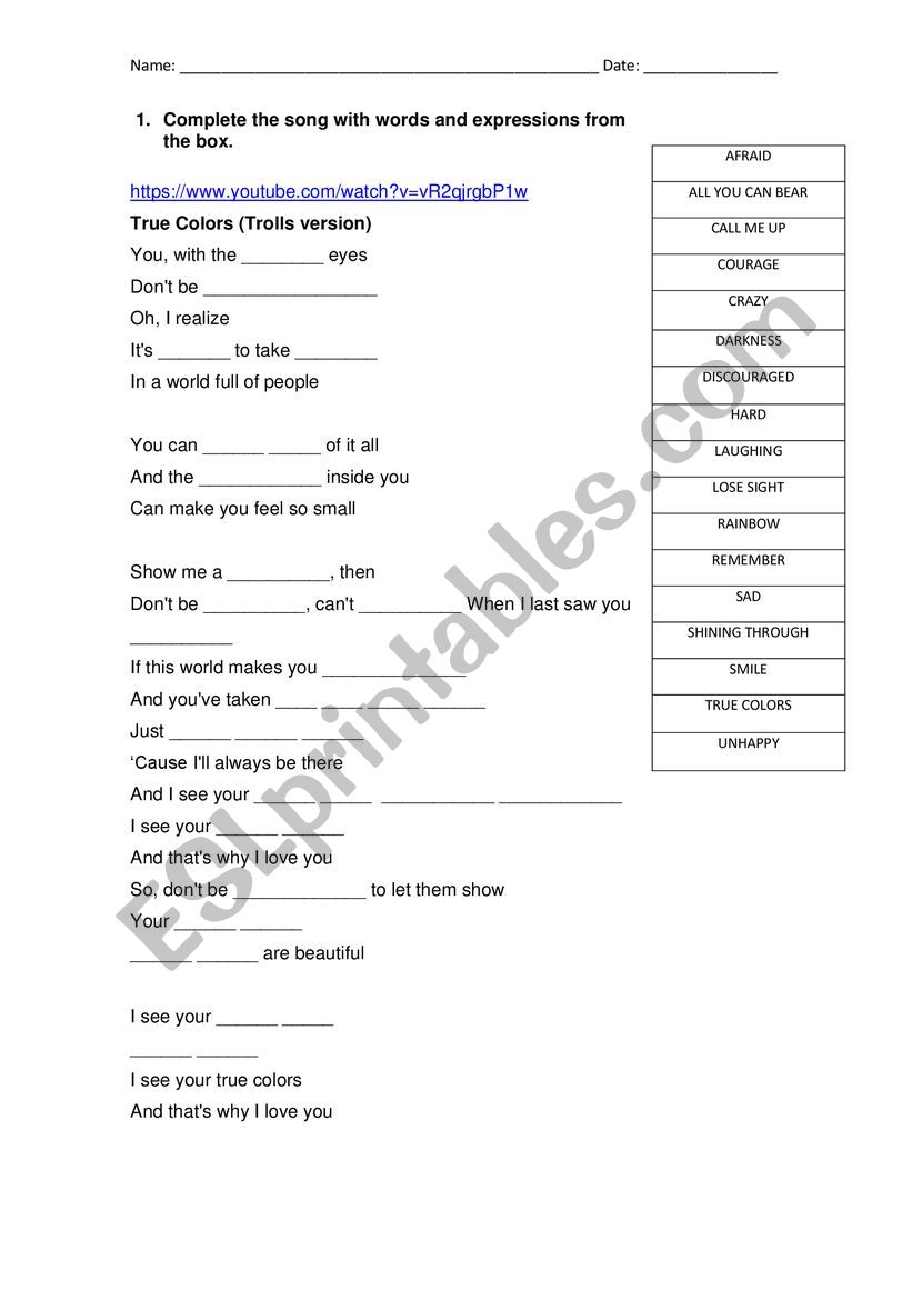 True colors from movie Trolls worksheet