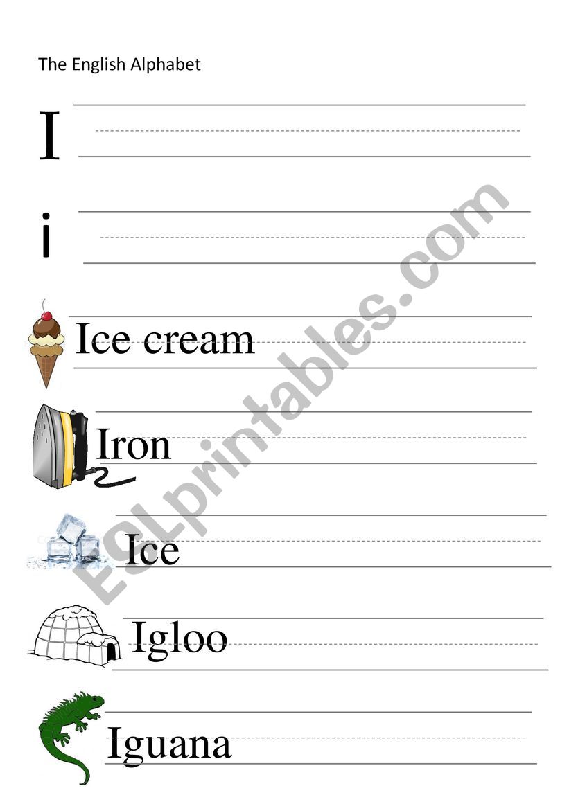 I-letter and words writing worksheet