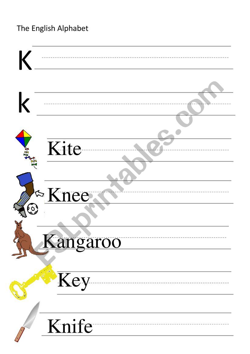 K-letter and words writing worksheet