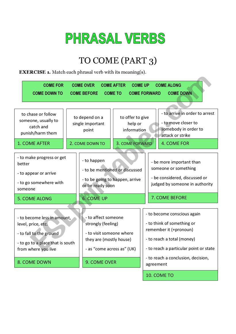 Phrasal verbs with Come (Part 3) + Answer Key