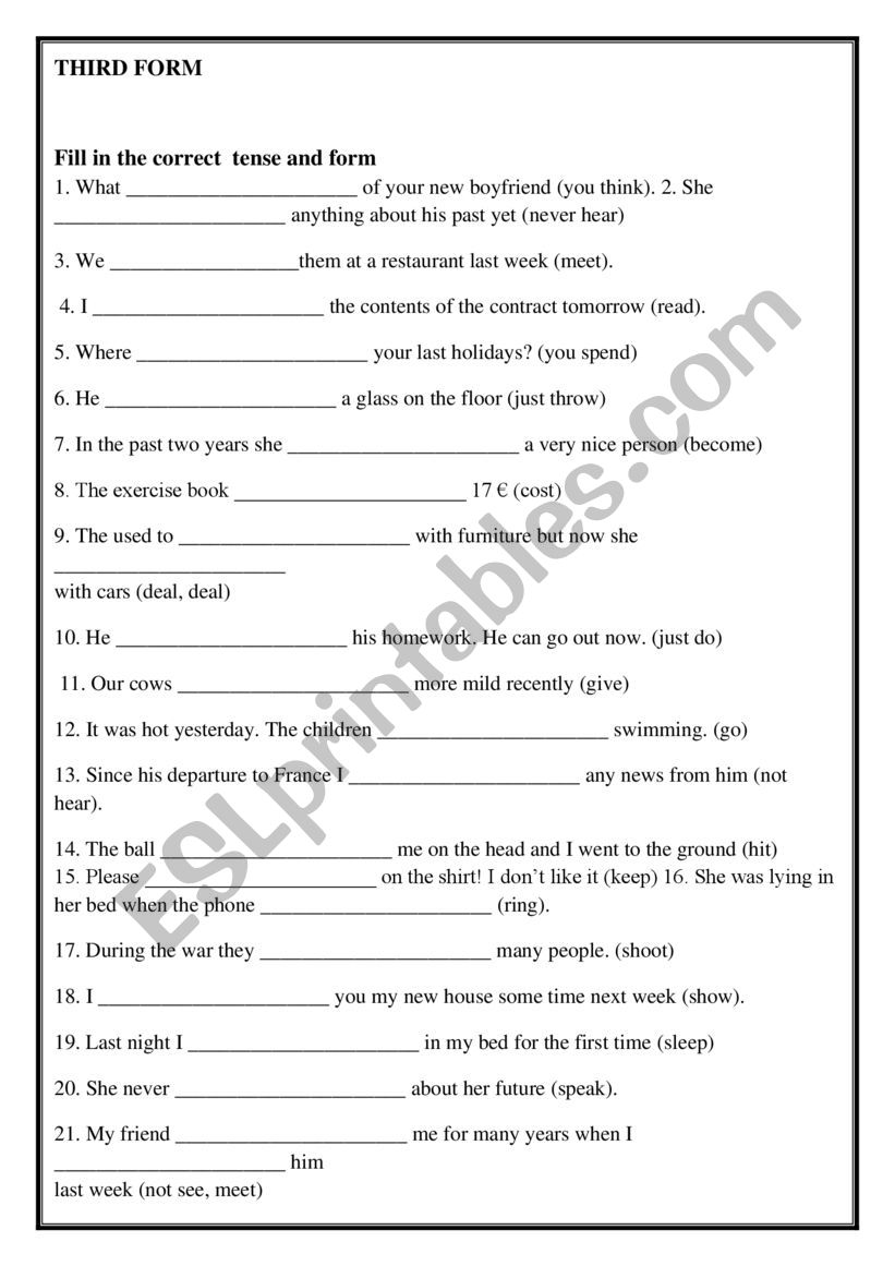 review third form worksheet