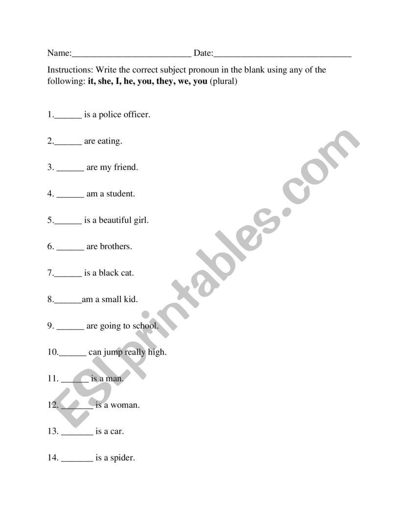 Subject Pronouns worksheet