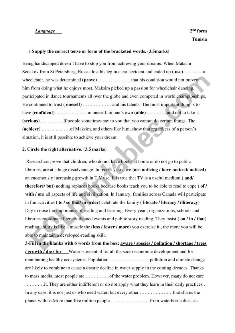 Language 2nd form Tunisia worksheet