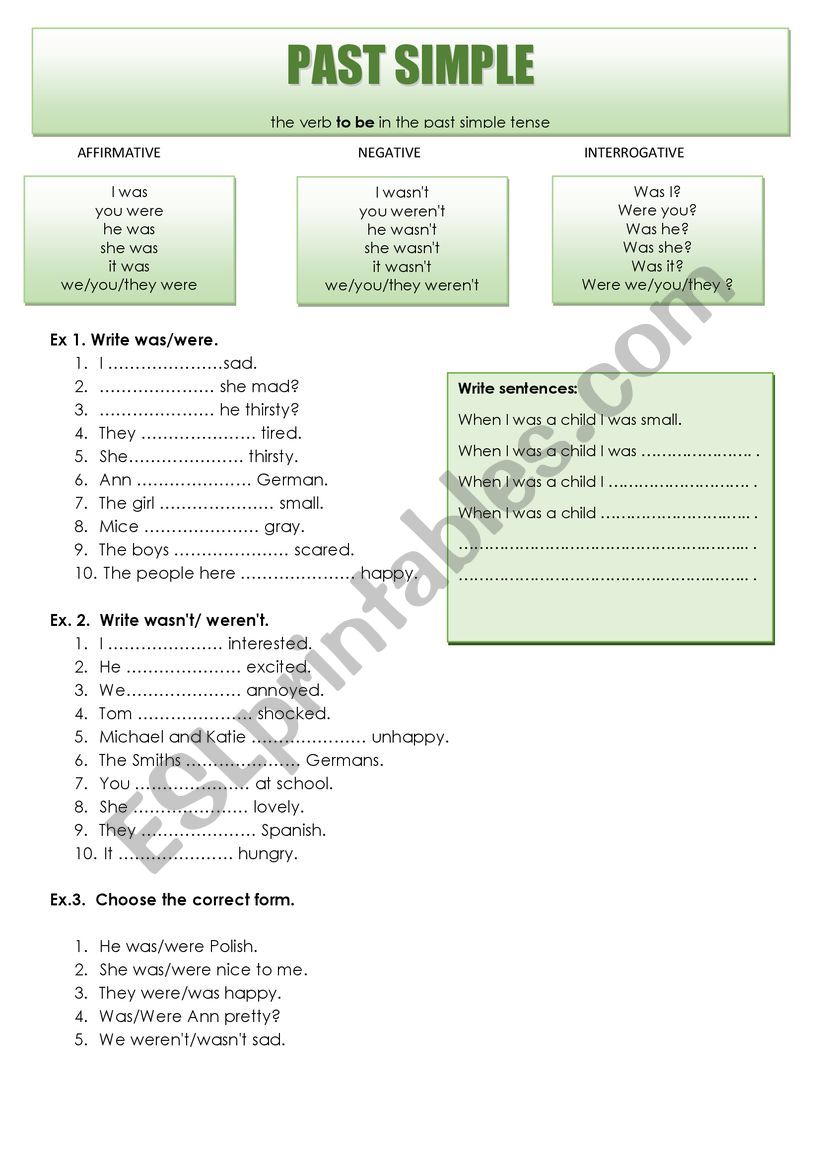 Verb to be in past worksheet