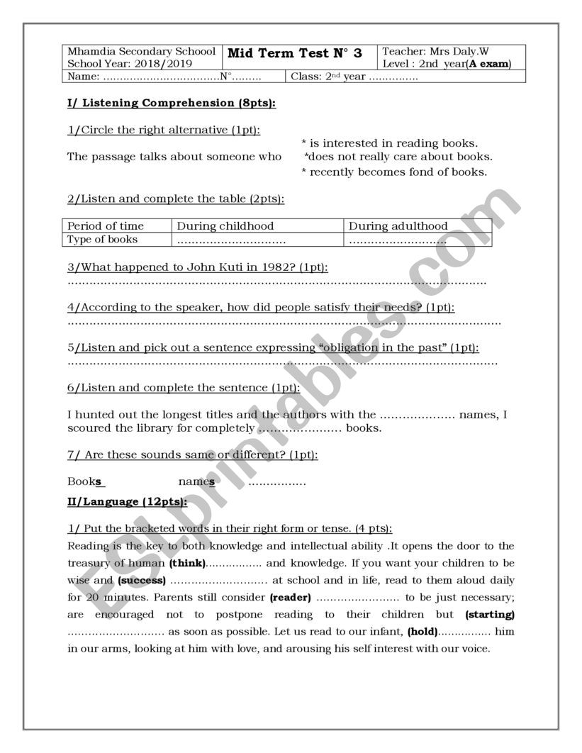 mid term test for 2nd year worksheet