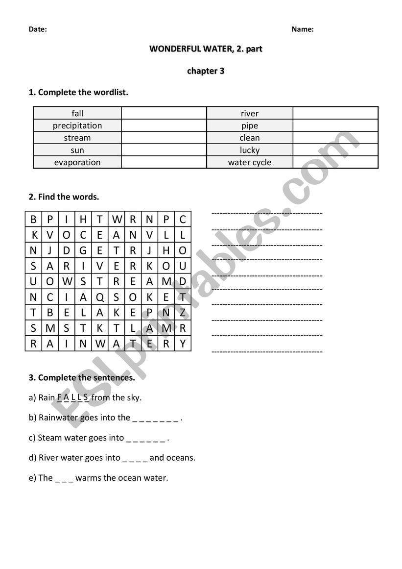 WONDERFUL WATER, 2. part worksheet