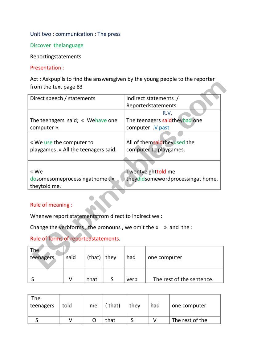 reporting statementd worksheet