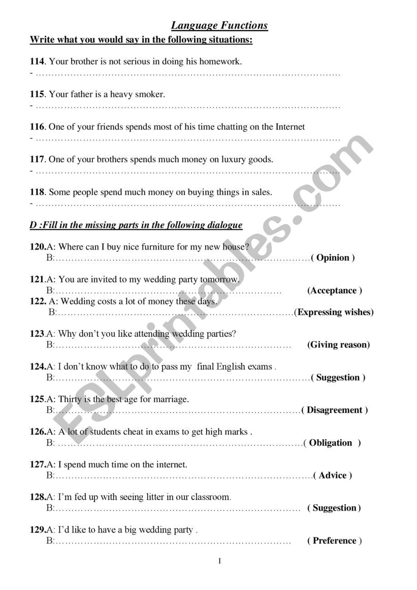 Language Functions worksheet